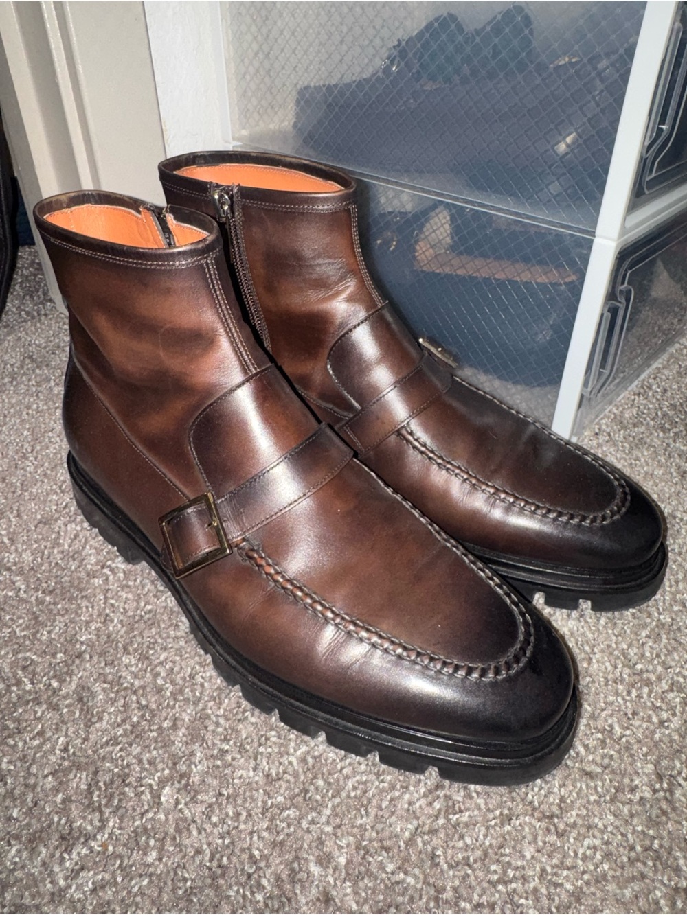 Santoni Gold Buckle Brown Boots